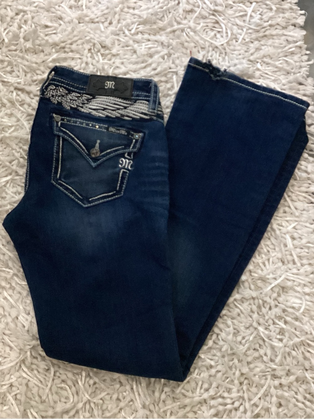 Miss Me Dark Blue Embellished Mid-Rise Boot Cut Jeans - Size 29